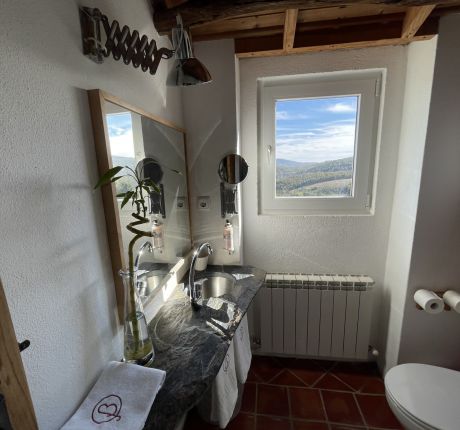 Casa de banho com vista de montanha e natureza